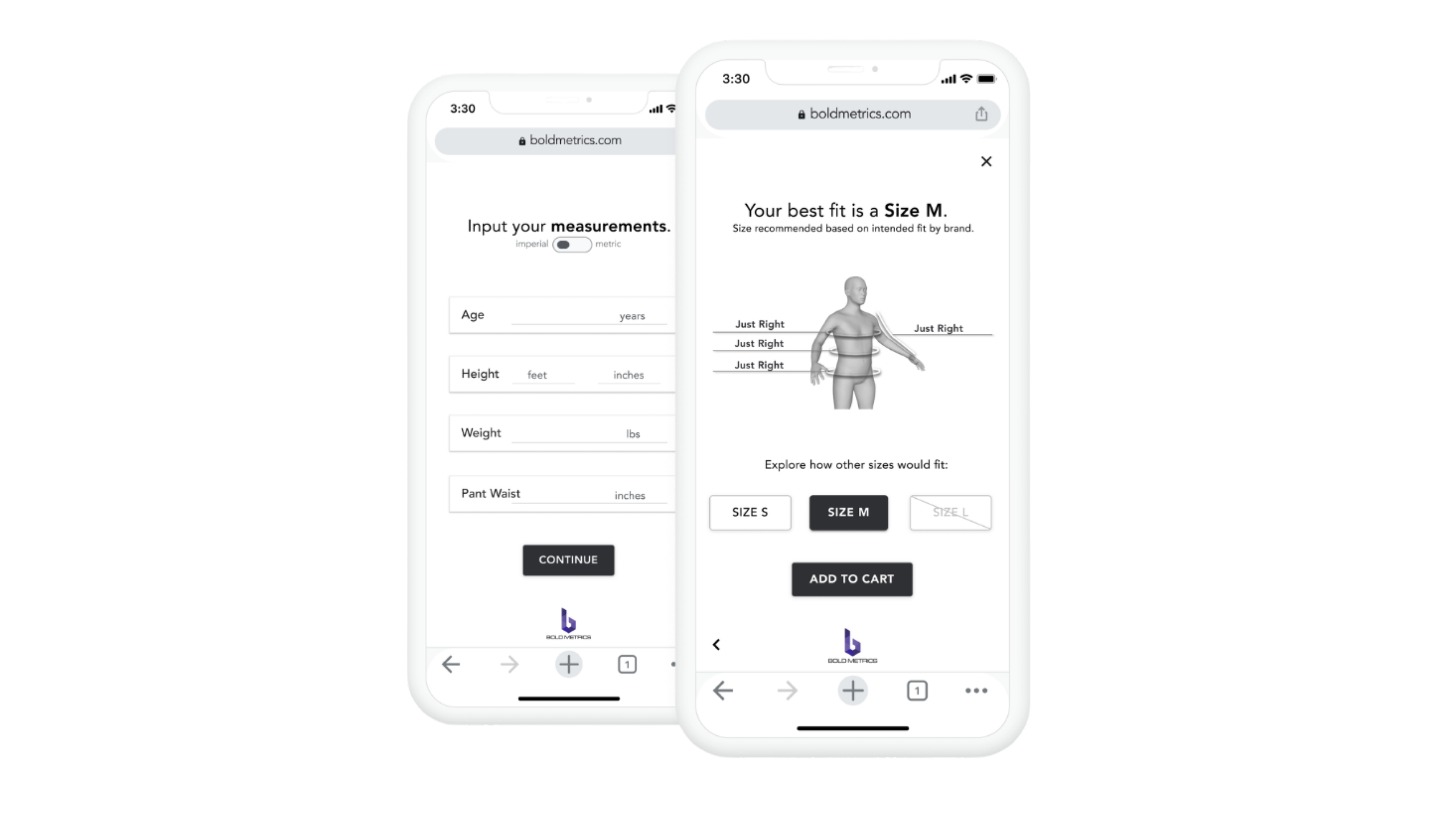 Two screenshots demonstrate the Bold Metrics software. The screens show how AI is used to help match products to consumer sizing.